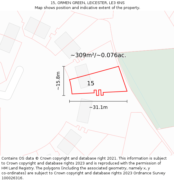 15, ORMEN GREEN, LEICESTER, LE3 6NS: Plot and title map