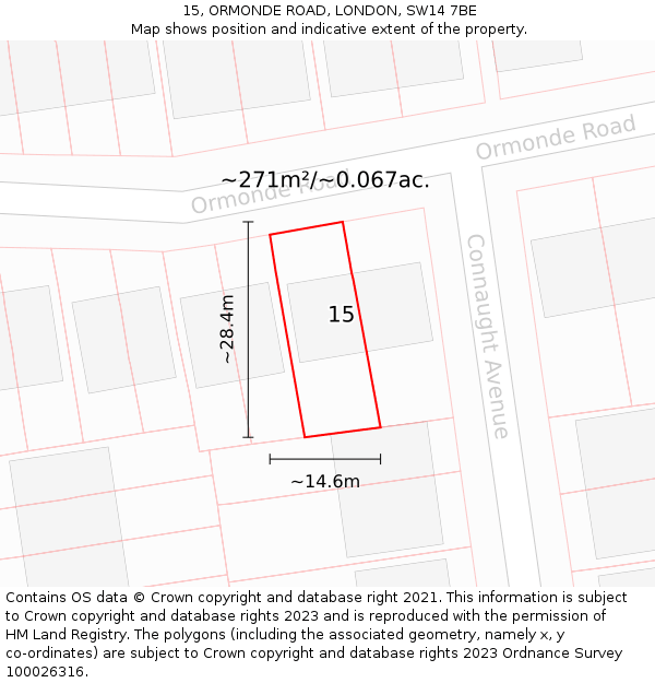 15, ORMONDE ROAD, LONDON, SW14 7BE: Plot and title map