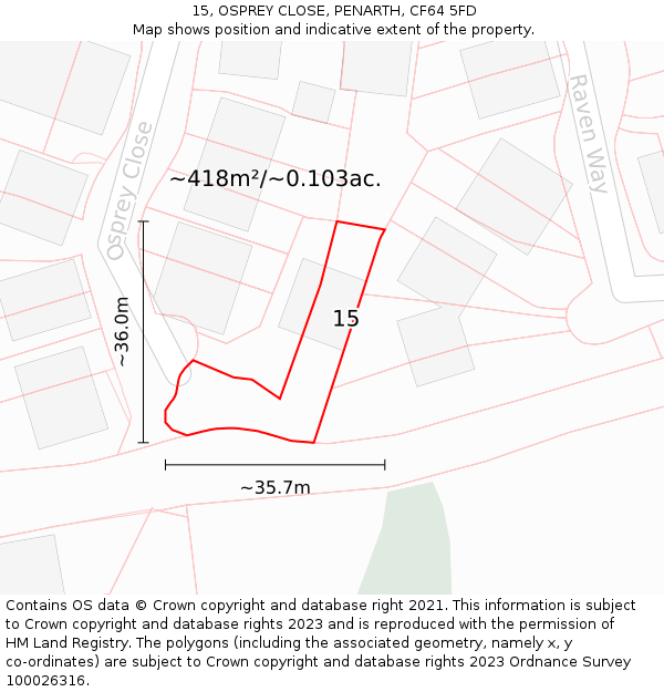 15, OSPREY CLOSE, PENARTH, CF64 5FD: Plot and title map