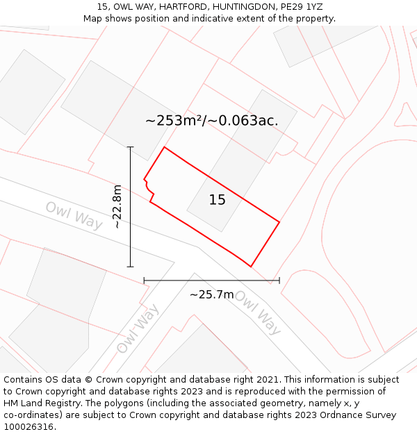 15, OWL WAY, HARTFORD, HUNTINGDON, PE29 1YZ: Plot and title map