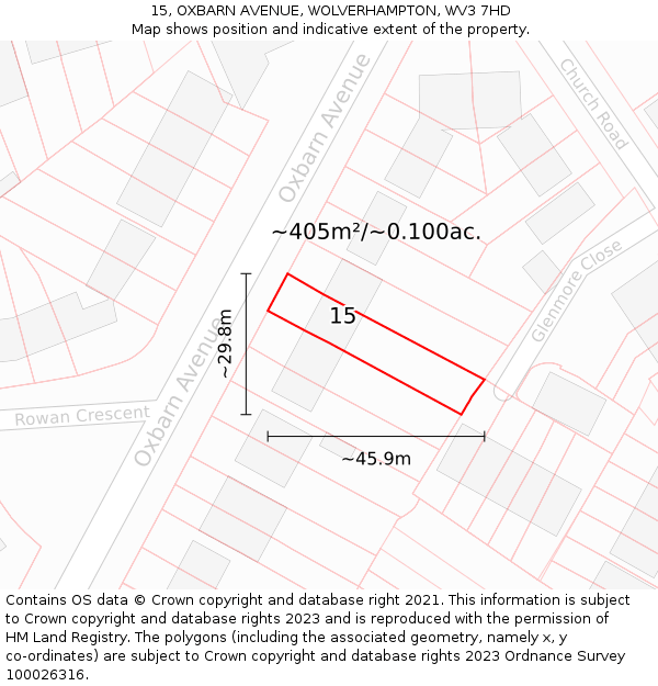 15, OXBARN AVENUE, WOLVERHAMPTON, WV3 7HD: Plot and title map