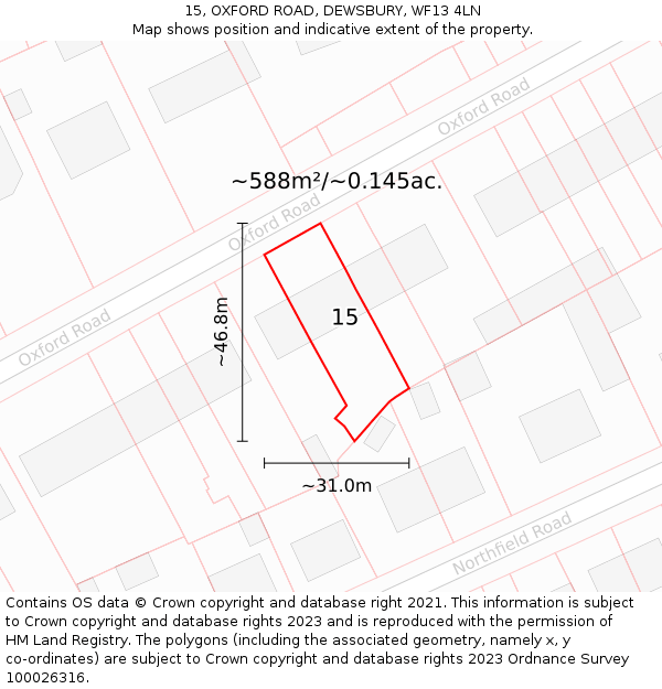 15, OXFORD ROAD, DEWSBURY, WF13 4LN: Plot and title map