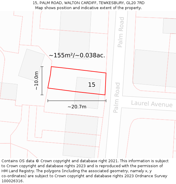 15, PALM ROAD, WALTON CARDIFF, TEWKESBURY, GL20 7RD: Plot and title map