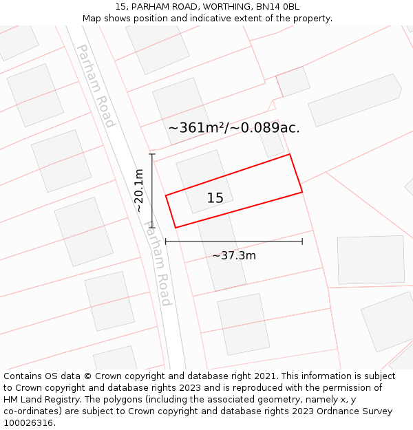 15, PARHAM ROAD, WORTHING, BN14 0BL: Plot and title map