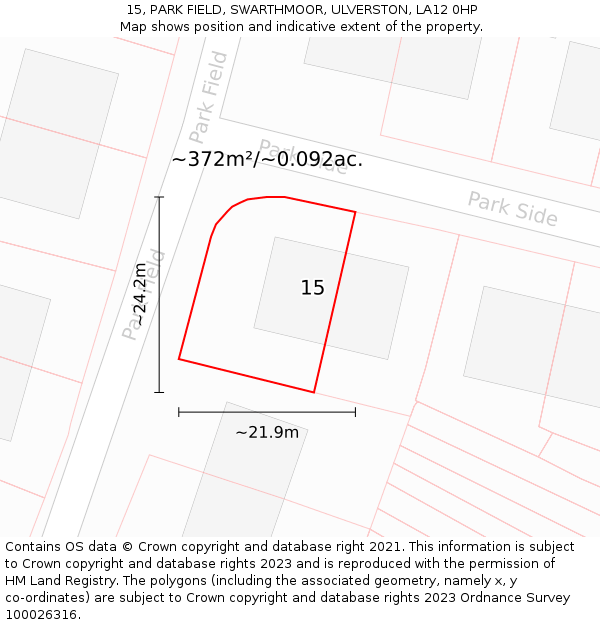 15, PARK FIELD, SWARTHMOOR, ULVERSTON, LA12 0HP: Plot and title map