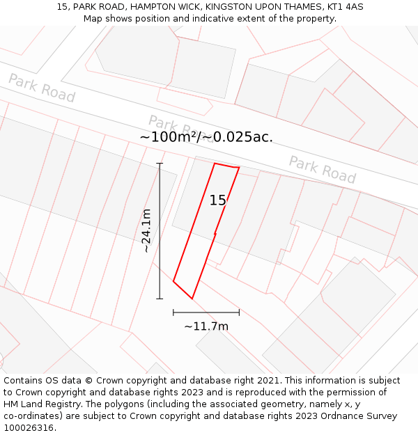 15, PARK ROAD, HAMPTON WICK, KINGSTON UPON THAMES, KT1 4AS: Plot and title map
