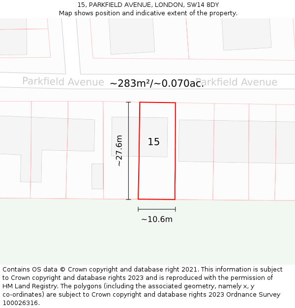 15, PARKFIELD AVENUE, LONDON, SW14 8DY: Plot and title map