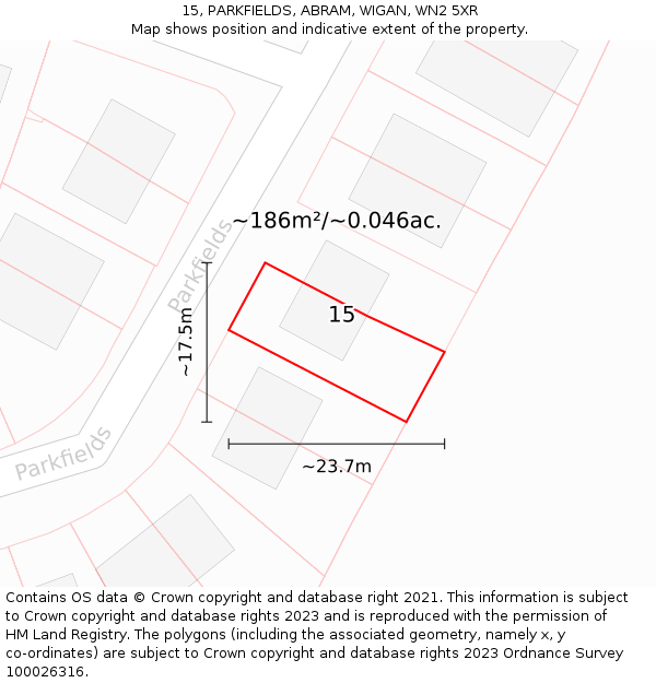 15, PARKFIELDS, ABRAM, WIGAN, WN2 5XR: Plot and title map