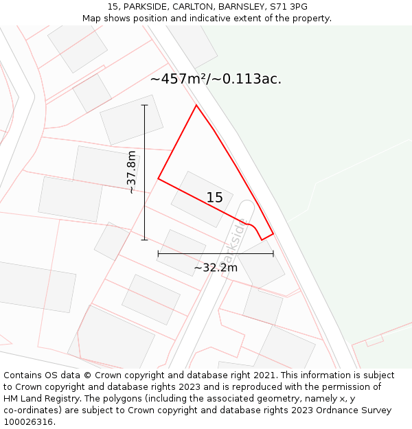 15, PARKSIDE, CARLTON, BARNSLEY, S71 3PG: Plot and title map