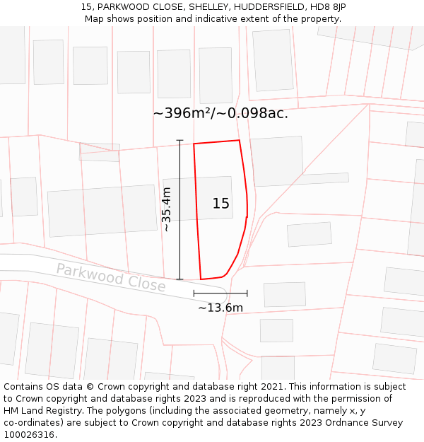 15, PARKWOOD CLOSE, SHELLEY, HUDDERSFIELD, HD8 8JP: Plot and title map