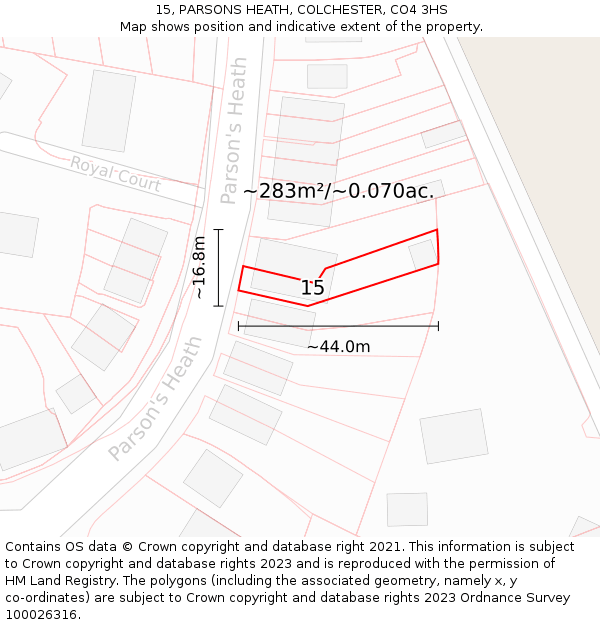 15, PARSONS HEATH, COLCHESTER, CO4 3HS: Plot and title map