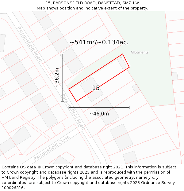 15, PARSONSFIELD ROAD, BANSTEAD, SM7 1JW: Plot and title map