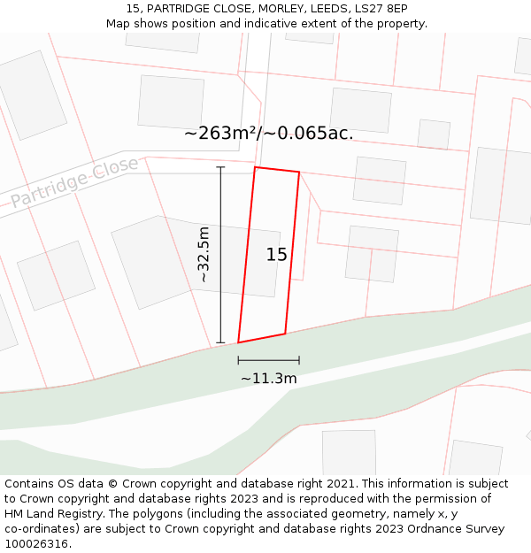 15, PARTRIDGE CLOSE, MORLEY, LEEDS, LS27 8EP: Plot and title map
