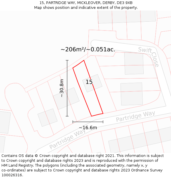 15, PARTRIDGE WAY, MICKLEOVER, DERBY, DE3 9XB: Plot and title map