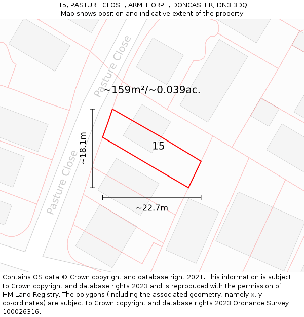 15, PASTURE CLOSE, ARMTHORPE, DONCASTER, DN3 3DQ: Plot and title map