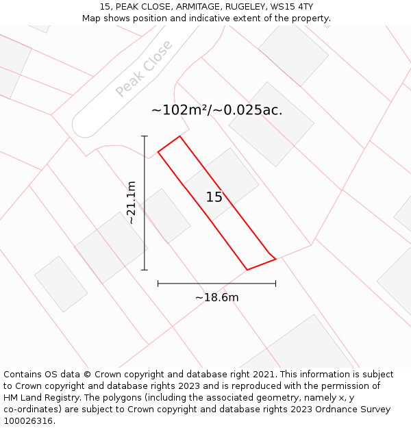 15, PEAK CLOSE, ARMITAGE, RUGELEY, WS15 4TY: Plot and title map