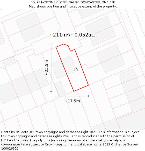 15, PEAKSTONE CLOSE, BALBY, DONCASTER, DN4 0FE: Plot and title map