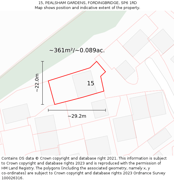 15, PEALSHAM GARDENS, FORDINGBRIDGE, SP6 1RD: Plot and title map