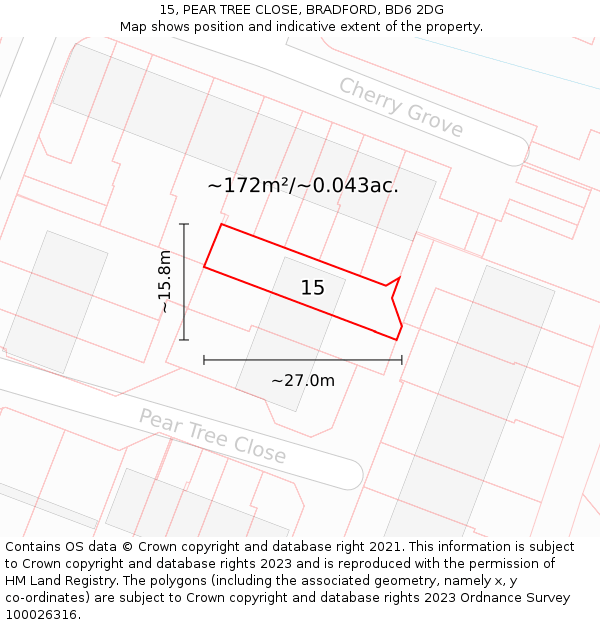 15, PEAR TREE CLOSE, BRADFORD, BD6 2DG: Plot and title map