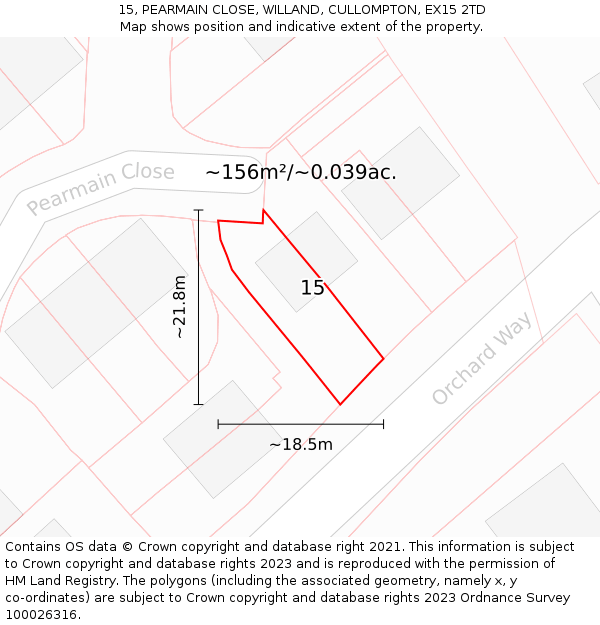 15, PEARMAIN CLOSE, WILLAND, CULLOMPTON, EX15 2TD: Plot and title map