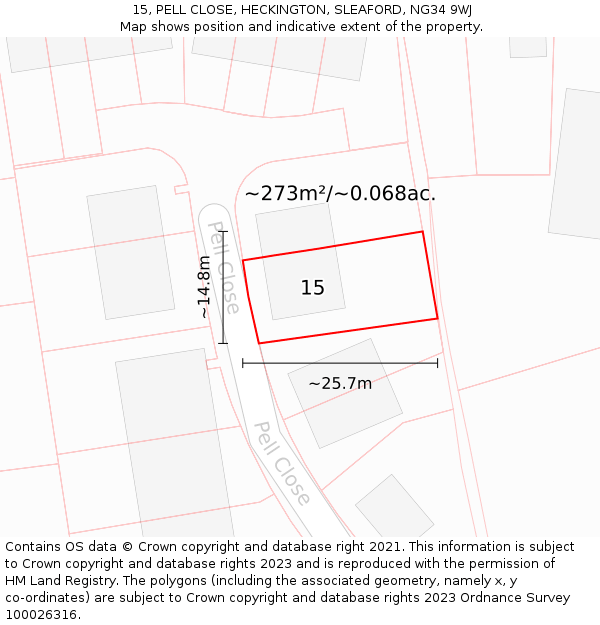 15, PELL CLOSE, HECKINGTON, SLEAFORD, NG34 9WJ: Plot and title map