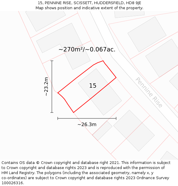 15, PENNINE RISE, SCISSETT, HUDDERSFIELD, HD8 9JE: Plot and title map