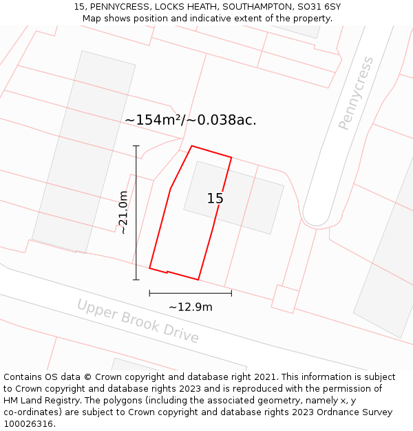 15, PENNYCRESS, LOCKS HEATH, SOUTHAMPTON, SO31 6SY: Plot and title map