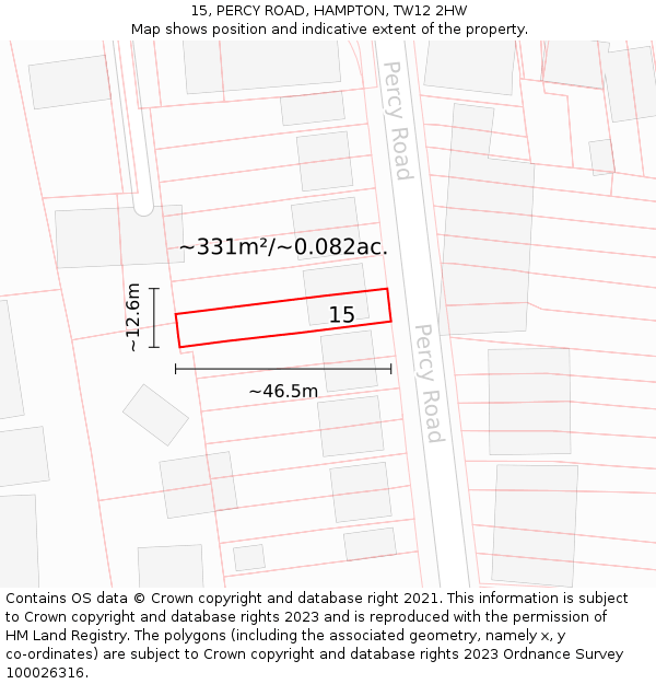 15, PERCY ROAD, HAMPTON, TW12 2HW: Plot and title map