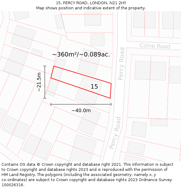 15, PERCY ROAD, LONDON, N21 2HY: Plot and title map