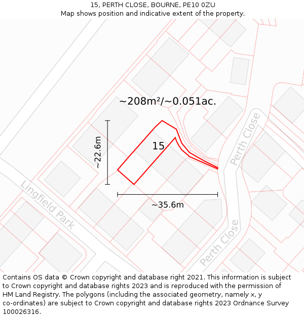 15, PERTH CLOSE, BOURNE, PE10 0ZU: Plot and title map