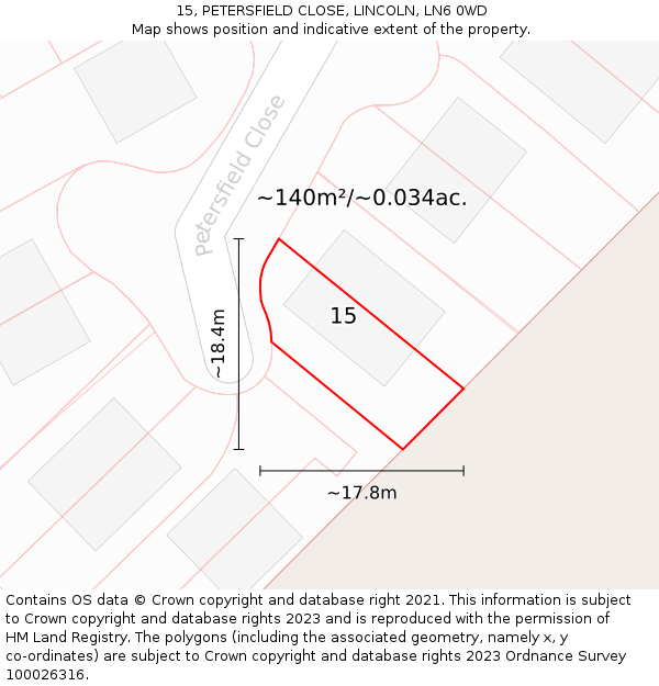 15, PETERSFIELD CLOSE, LINCOLN, LN6 0WD: Plot and title map