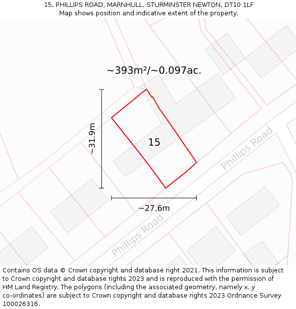 15, PHILLIPS ROAD, MARNHULL, STURMINSTER NEWTON, DT10 1LF: Plot and title map