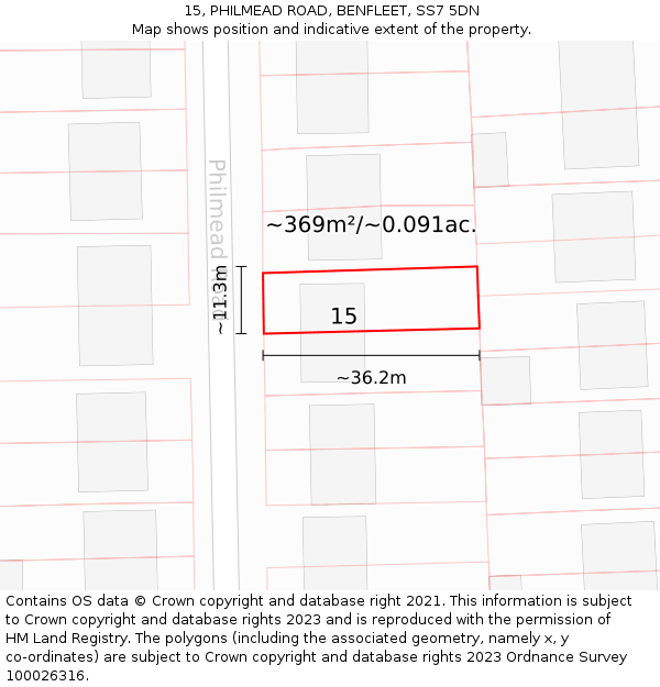 15, PHILMEAD ROAD, BENFLEET, SS7 5DN: Plot and title map