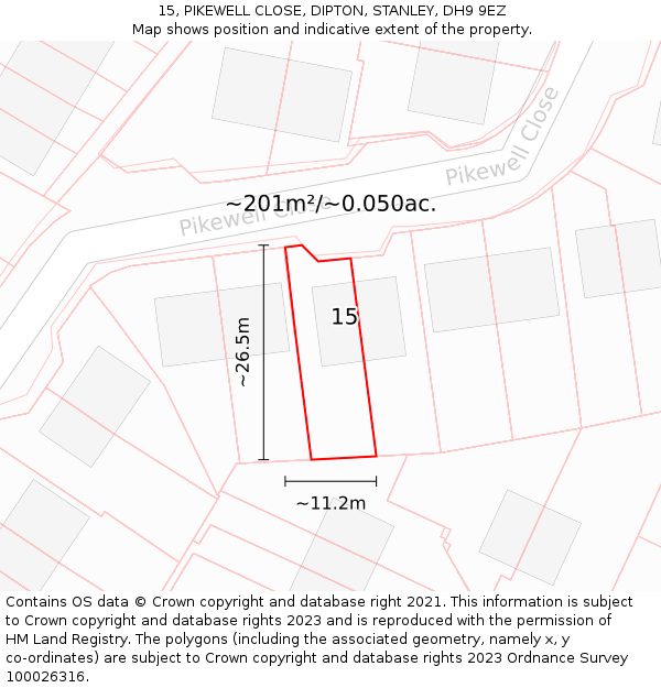 15, PIKEWELL CLOSE, DIPTON, STANLEY, DH9 9EZ: Plot and title map
