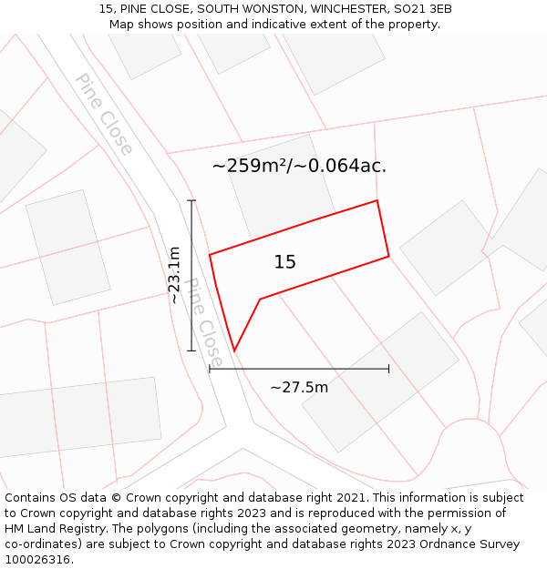 15, PINE CLOSE, SOUTH WONSTON, WINCHESTER, SO21 3EB: Plot and title map