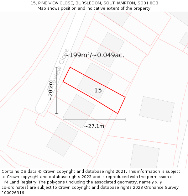 15, PINE VIEW CLOSE, BURSLEDON, SOUTHAMPTON, SO31 8GB: Plot and title map
