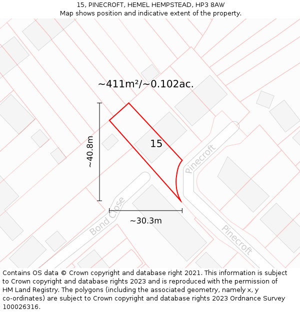 15, PINECROFT, HEMEL HEMPSTEAD, HP3 8AW: Plot and title map