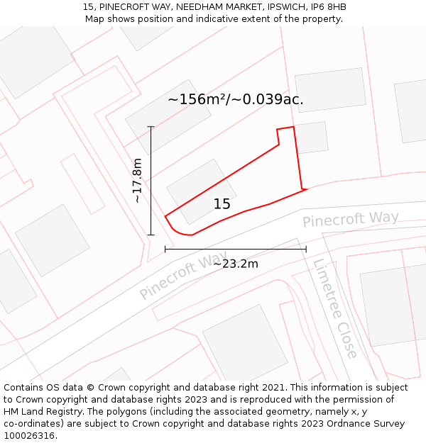 15, PINECROFT WAY, NEEDHAM MARKET, IPSWICH, IP6 8HB: Plot and title map