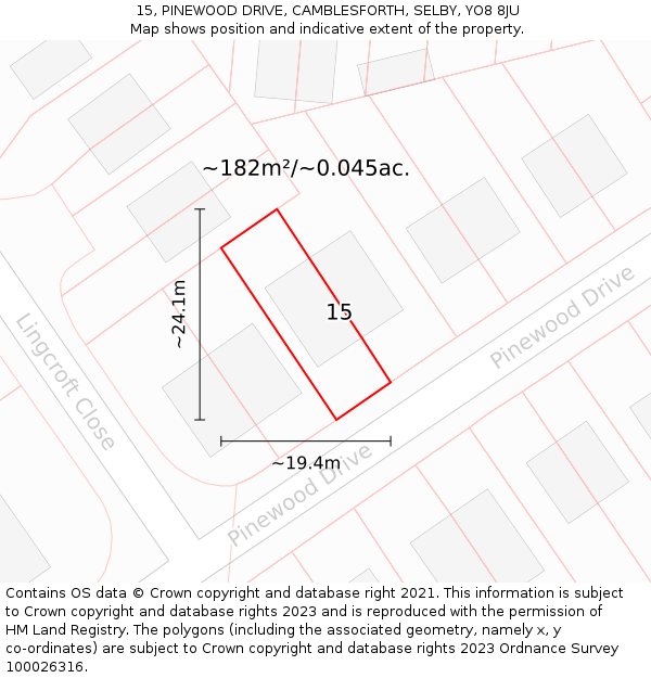 15, PINEWOOD DRIVE, CAMBLESFORTH, SELBY, YO8 8JU: Plot and title map