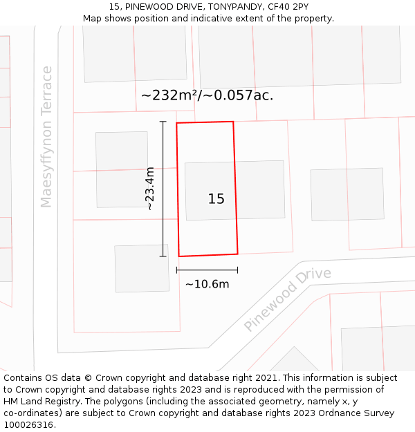 15, PINEWOOD DRIVE, TONYPANDY, CF40 2PY: Plot and title map