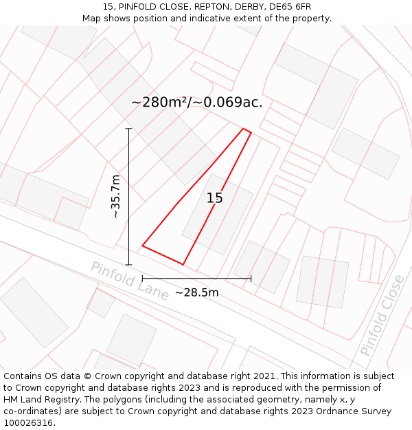 15, PINFOLD CLOSE, REPTON, DERBY, DE65 6FR: Plot and title map