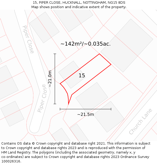 15, PIPER CLOSE, HUCKNALL, NOTTINGHAM, NG15 8DS: Plot and title map