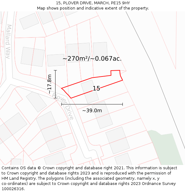 15, PLOVER DRIVE, MARCH, PE15 9HY: Plot and title map