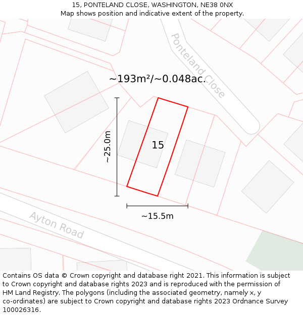 15, PONTELAND CLOSE, WASHINGTON, NE38 0NX: Plot and title map