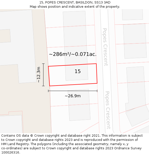 15, POPES CRESCENT, BASILDON, SS13 3AD: Plot and title map