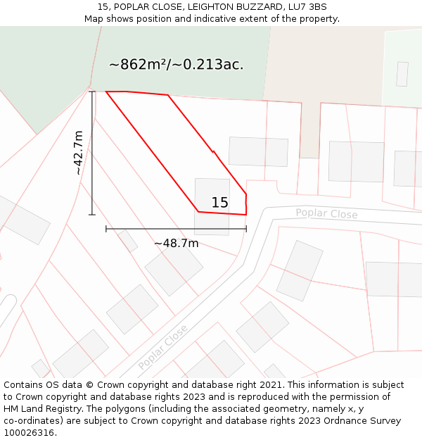 15, POPLAR CLOSE, LEIGHTON BUZZARD, LU7 3BS: Plot and title map