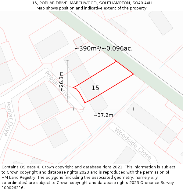 15, POPLAR DRIVE, MARCHWOOD, SOUTHAMPTON, SO40 4XH: Plot and title map
