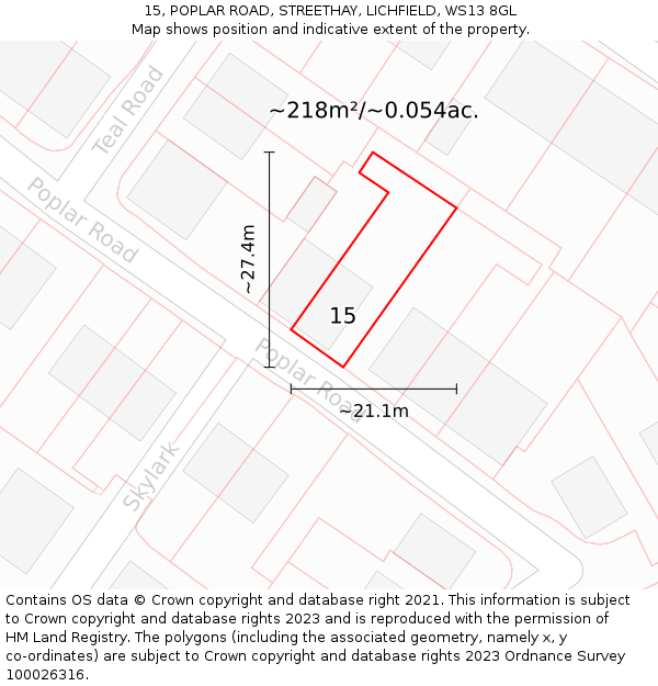15, POPLAR ROAD, STREETHAY, LICHFIELD, WS13 8GL: Plot and title map
