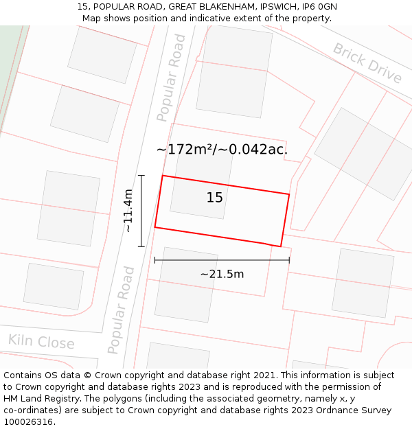 15, POPULAR ROAD, GREAT BLAKENHAM, IPSWICH, IP6 0GN: Plot and title map