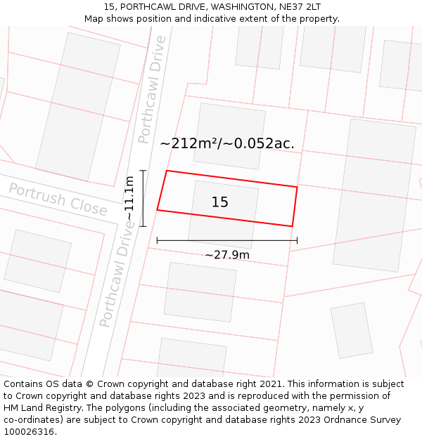 15, PORTHCAWL DRIVE, WASHINGTON, NE37 2LT: Plot and title map